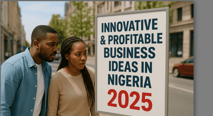 Photo of persons looking closely a large banner on the street bearing: Innovative & Profitable Business Ideas in Nigeria 2025.