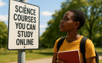 Photo of a Nigerian Female Student Gazing at a Signpost with the inscription: Science Courses You Can Study Online