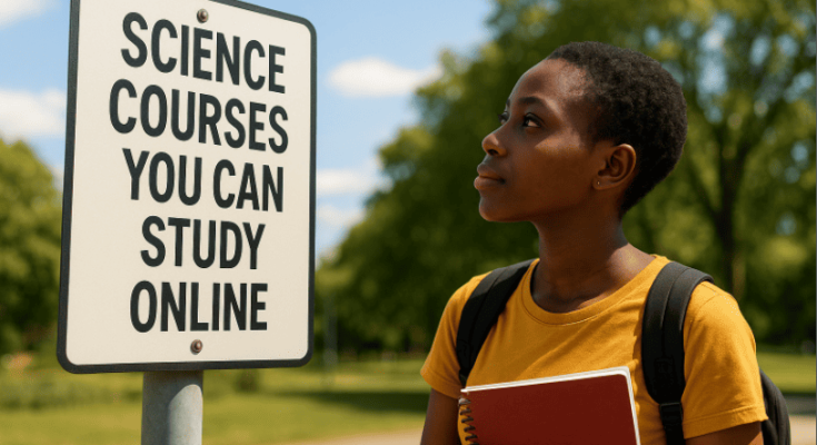 Photo of a Nigerian Female Student Gazing at a Signpost with the inscription: Science Courses You Can Study Online