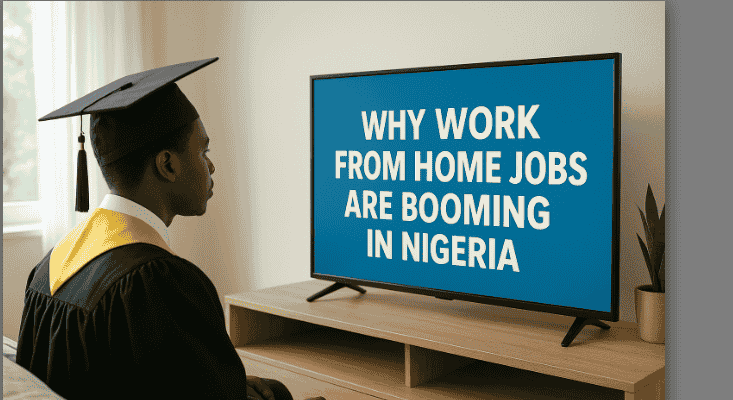 Photo of a Man Looking at a TV Advert Captioned: Why Work From Home Jobs Are Booming in Nigeria.