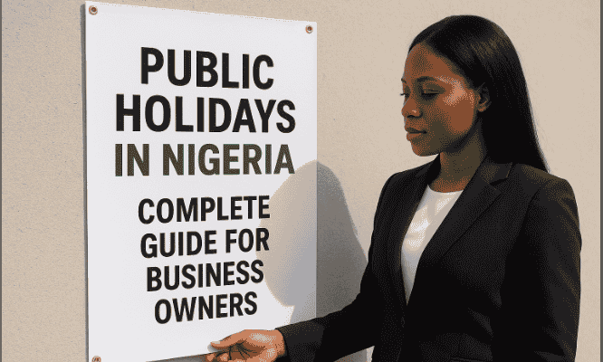 Photo of a Woman Looking At A Street Banner Bearing, “Public Holidays In Nigeria Complete Guide For Business Owners”.