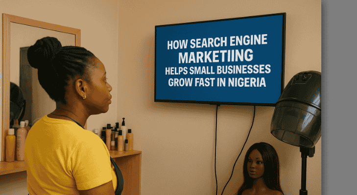 Photo of a Nigerian hair stylist in her shop watching a TV advert captioned: "How Search Engine Marketing Helps Small Businesses Grow Fast in Nigeria.